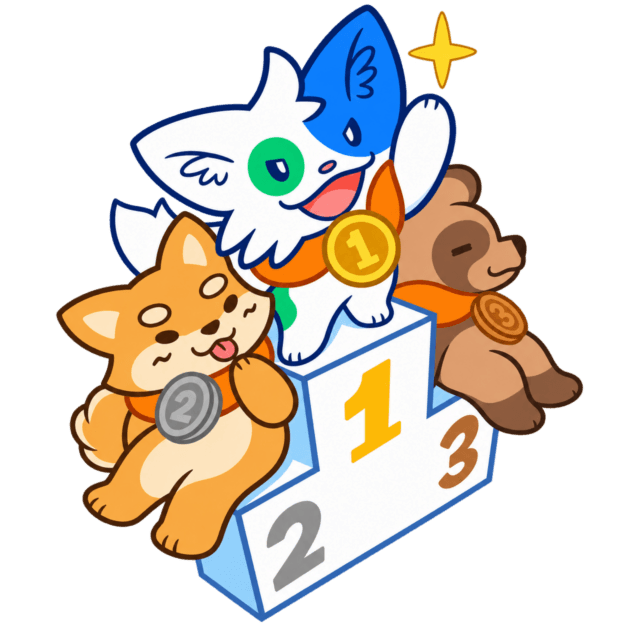 Cartoon cat, fox and bear celebrate with medals on a colourful winners’ podium.