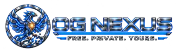 OG Nexus futuristic technology logo with blue mechanical globe, gold accents and metallic lettering.