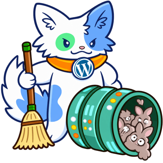 Cheerful WordPress cat mascot holding a straw broom beside a turquoise barrel with curious mice