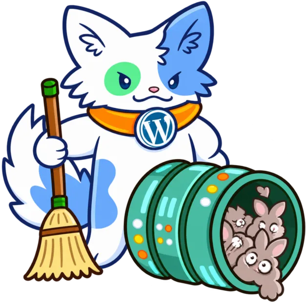 Cheerful WordPress cat mascot holding a straw broom beside a turquoise barrel with curious mice