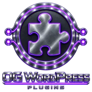 OG WordPress Plugins metallic puzzle logo with neon-purple circular emblem on black background.